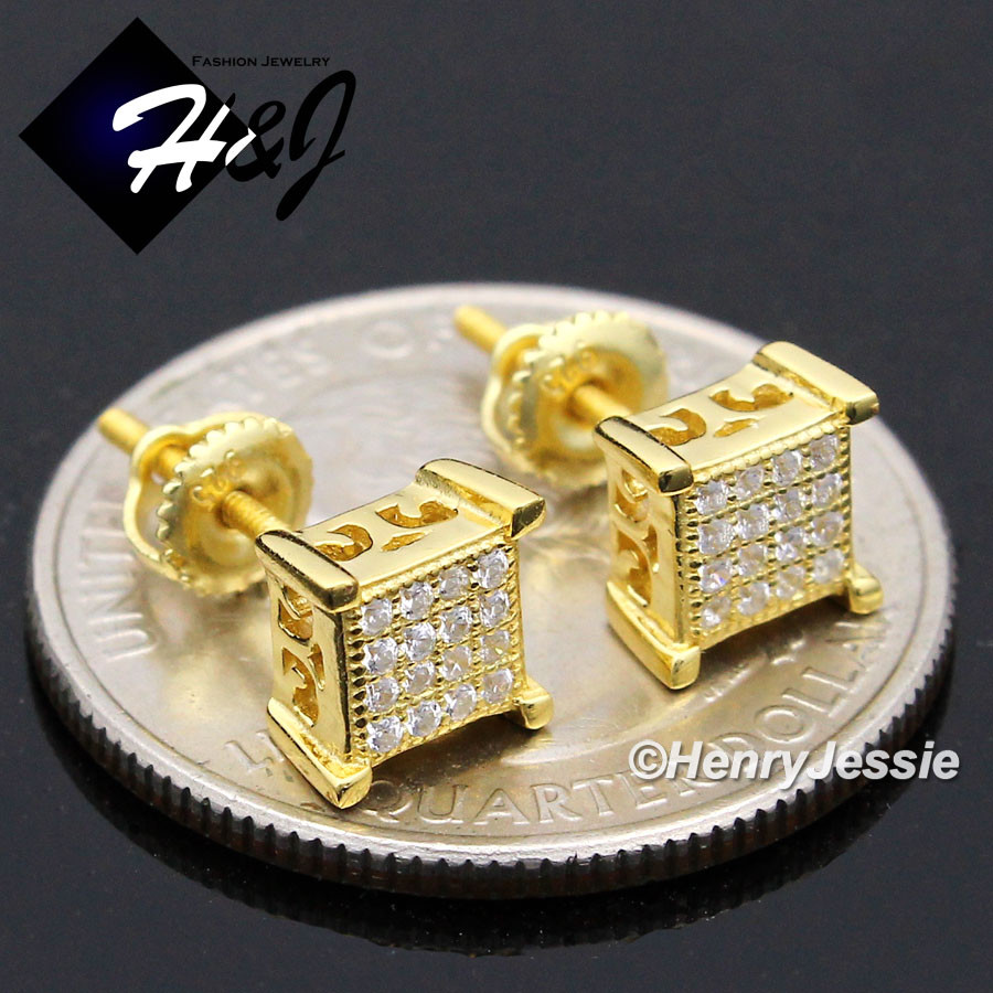 MEN WOMEN 925 STERLING SILVER CUBIC ZIRCONIA 6MM GOLD PALTED 3D STUD EARRING*135