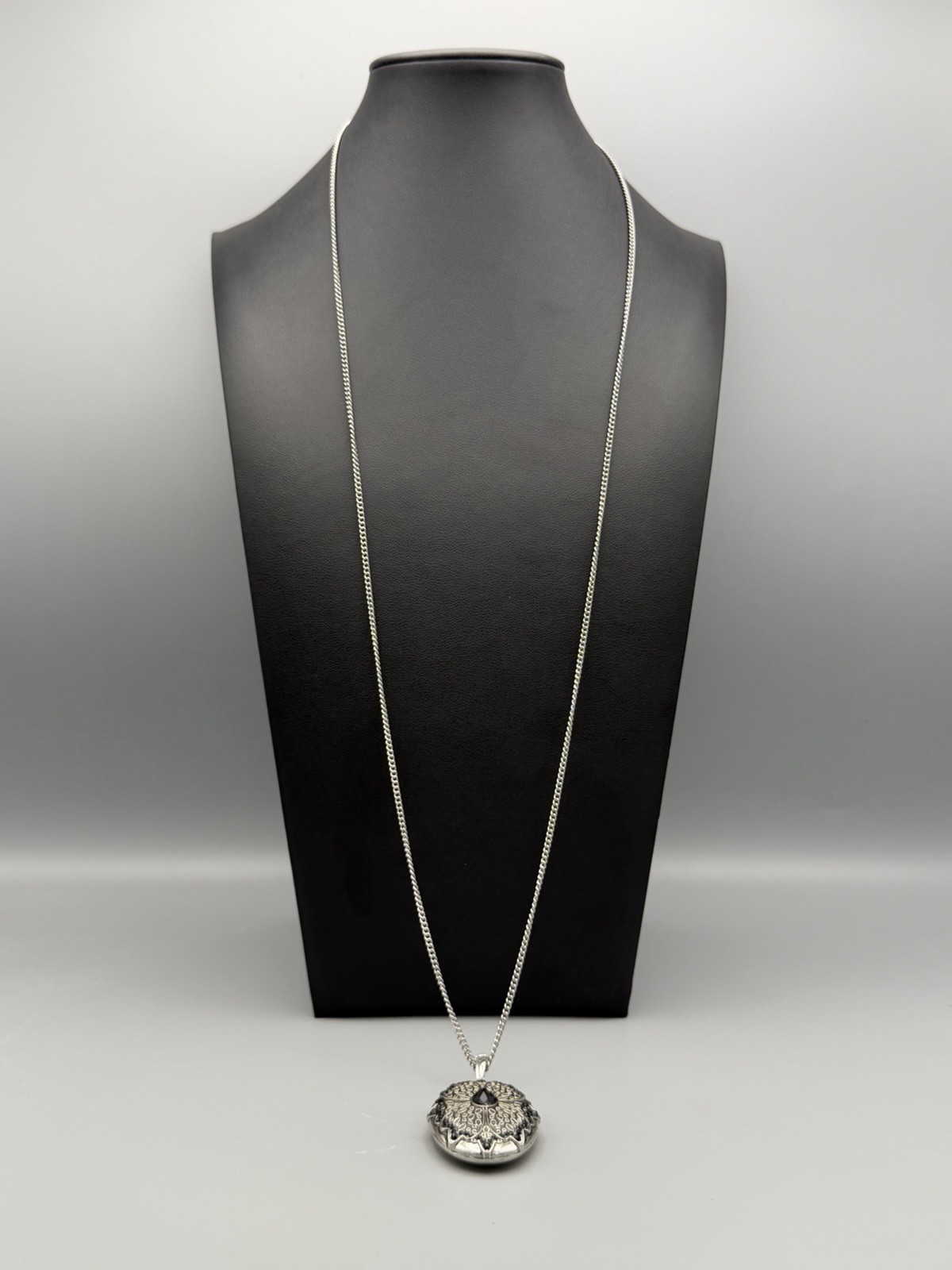 Silver Tone Black PlasticnCrystal Filigree Statement Oval Pendant Necklac