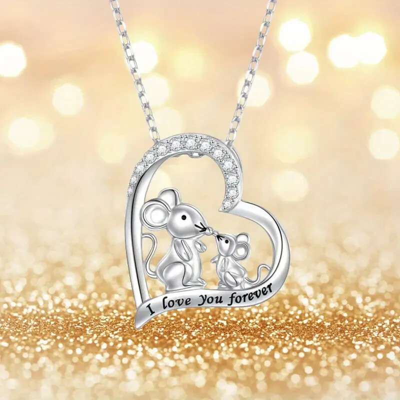 Cute Mouse Family I Love You Forever Mouse Pendant Necklace Silver Toned