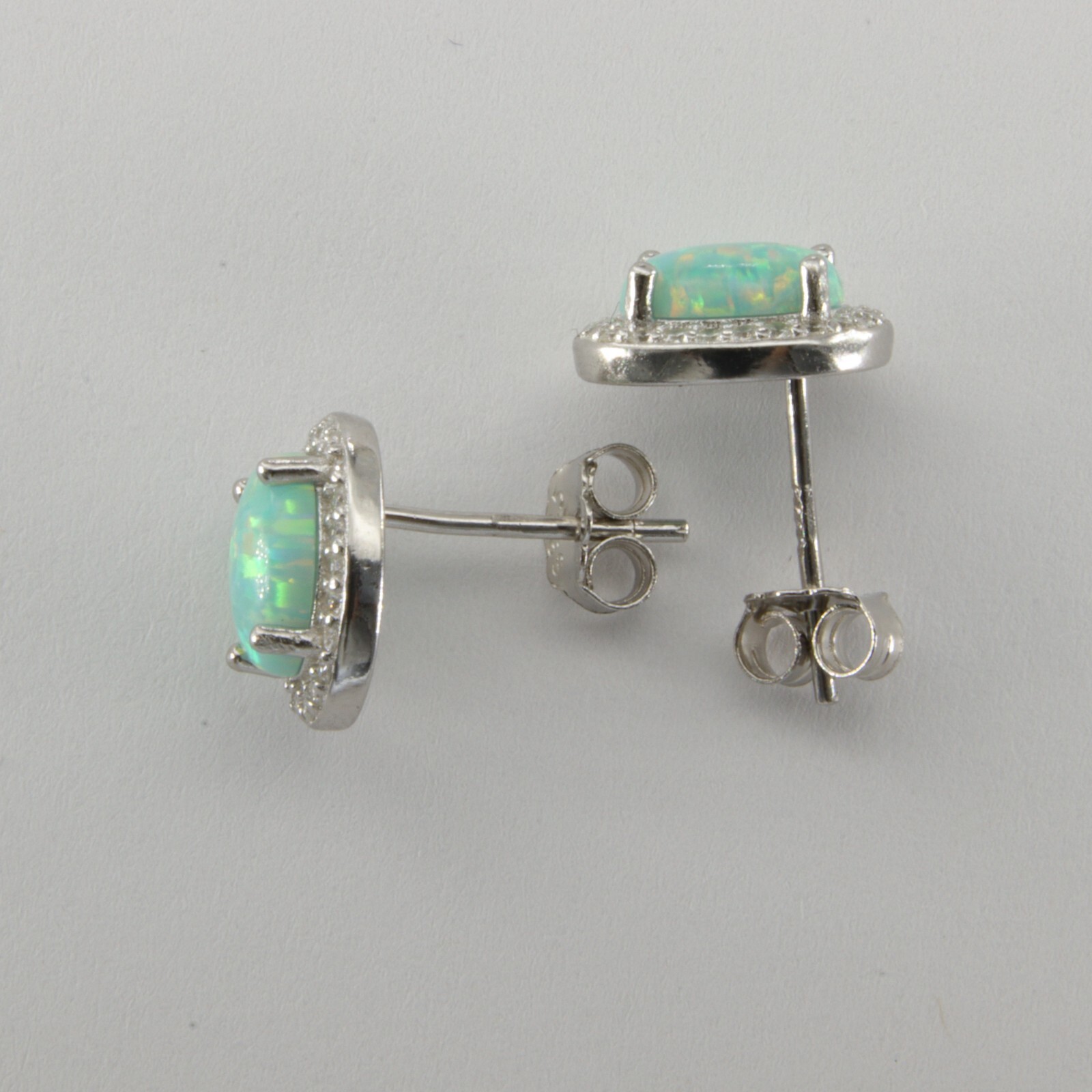 Green Oval FIRE OPAL Post / Stud Earrings with 22 CZs 925 STERLING SILVER #630e