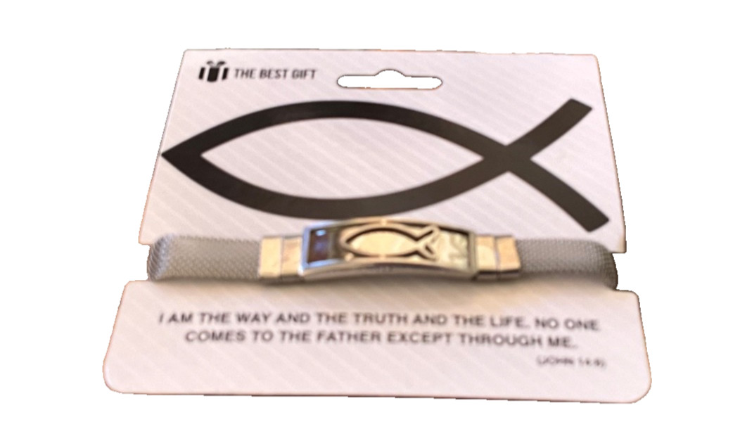 8” Unisex Christian Bracelet Jesus, Fish, Stainless Steel Mesh + Safety Clasp