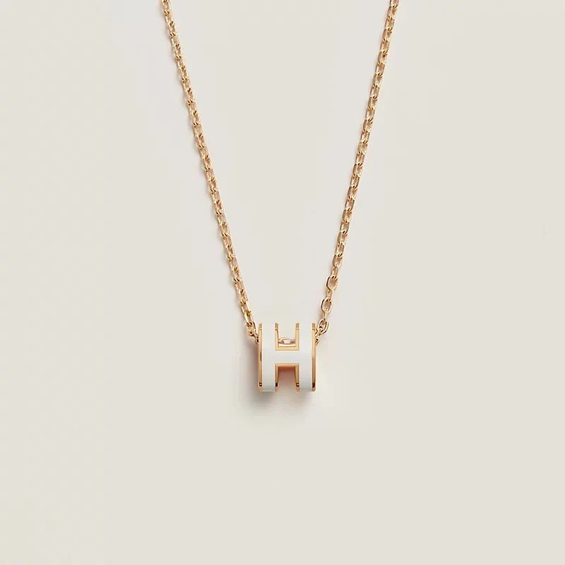 Authentic Hermes Mini Pop H Necklace White Blanc Lacquered Gold Plated