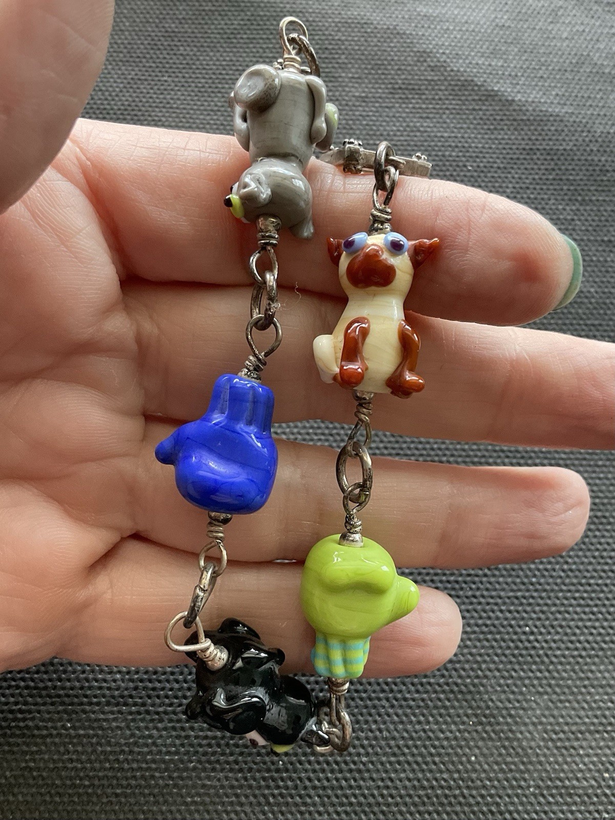 Silver Tone Toggle Bracelet With assorted colorful lampwork glass animal beads