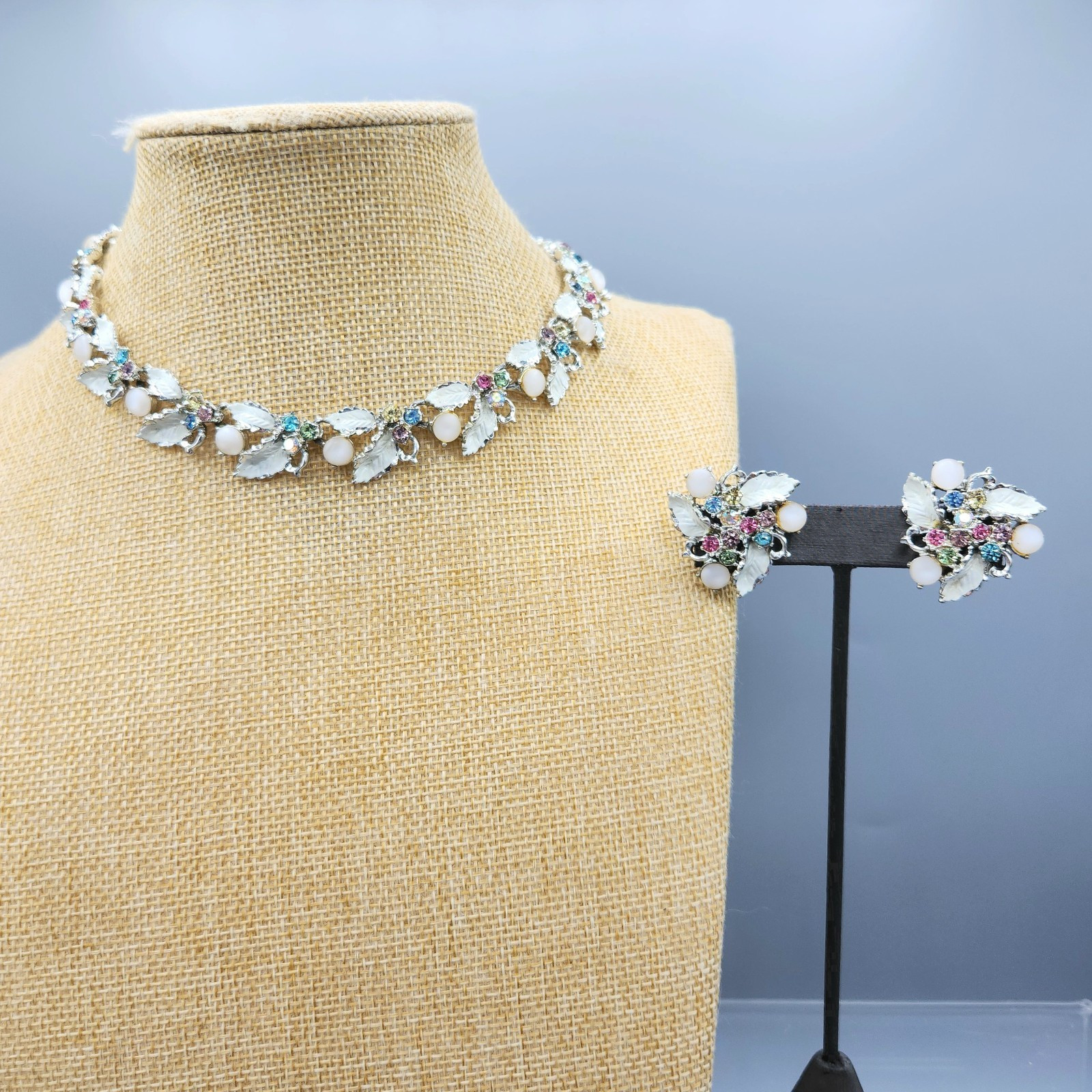 Vintage White Moonglow Enamel Pastel Rhinestone Floral Necklace & Clip Earrings