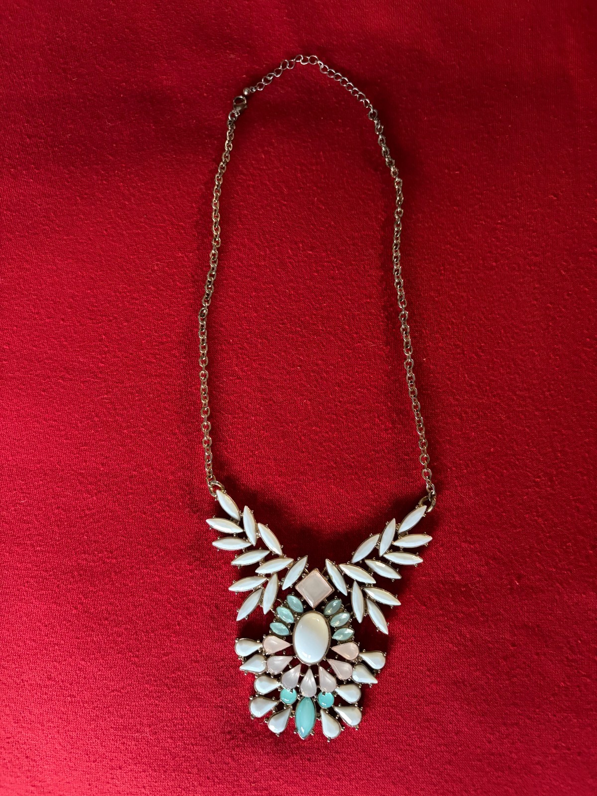 Fancy Faux Crystal White, Pale Pink and Aqua Stones Costume Necklace Jewelry