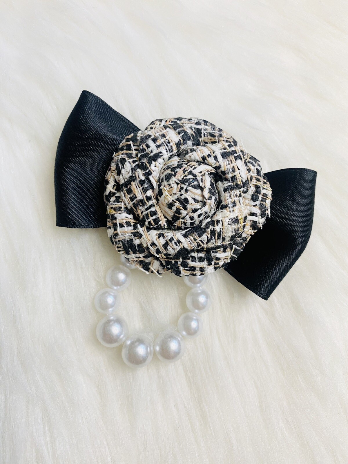 Camellia Flower Brooch Pin Black Tweed Bow Faux Pearl Chain New Handmade
