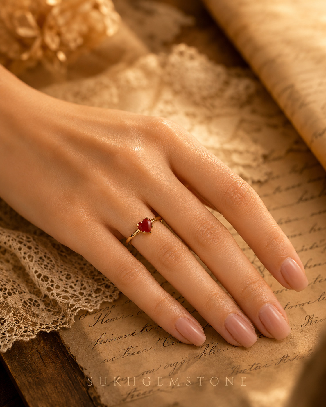 Lab Created Red Coral Ring, Base Metal: Brass Finish: Gold Plated, Gift For Her