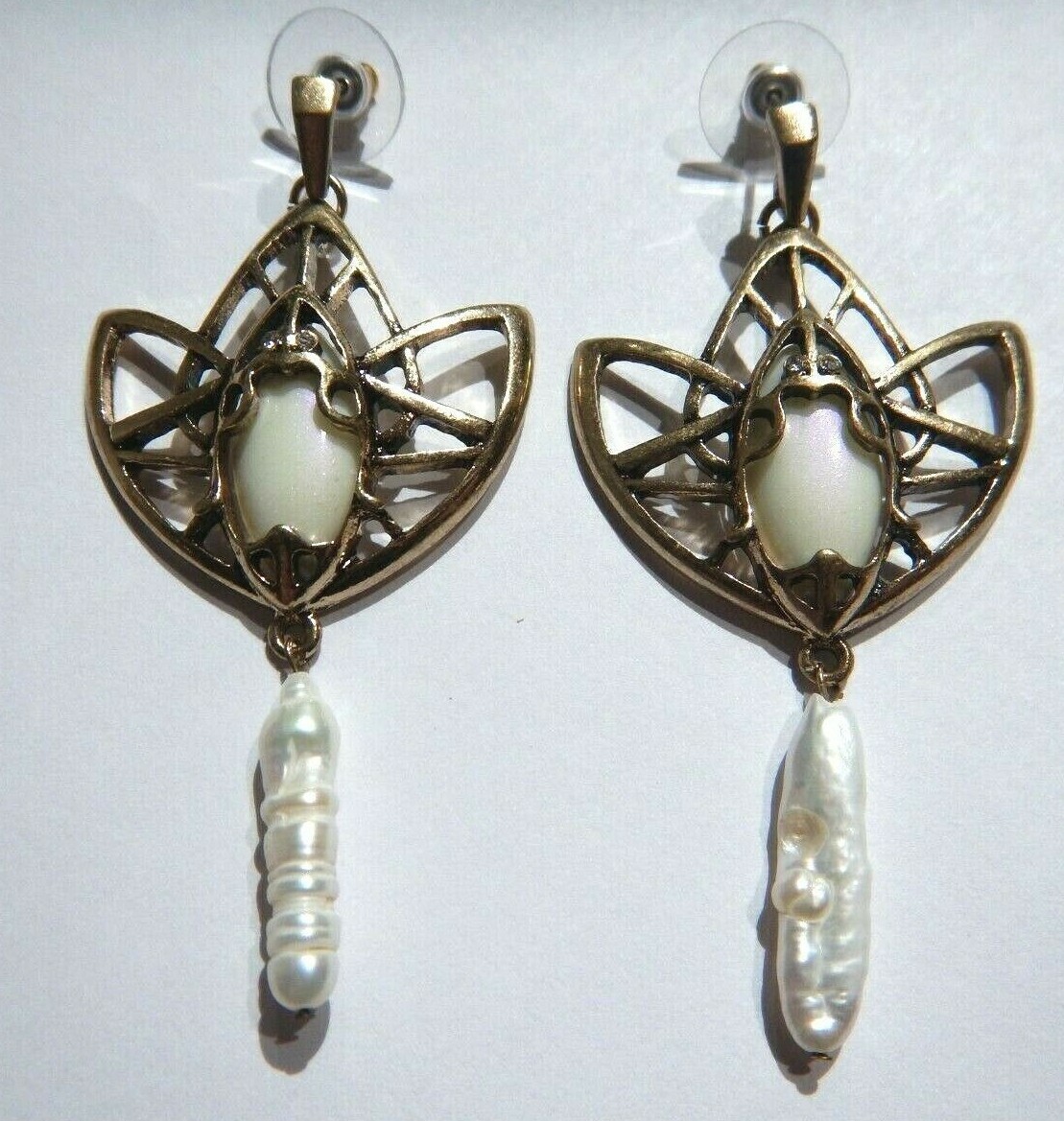 ART DECO LOTUS EARRINGS brass real keshi pearl nouveau geometric flower white V5
