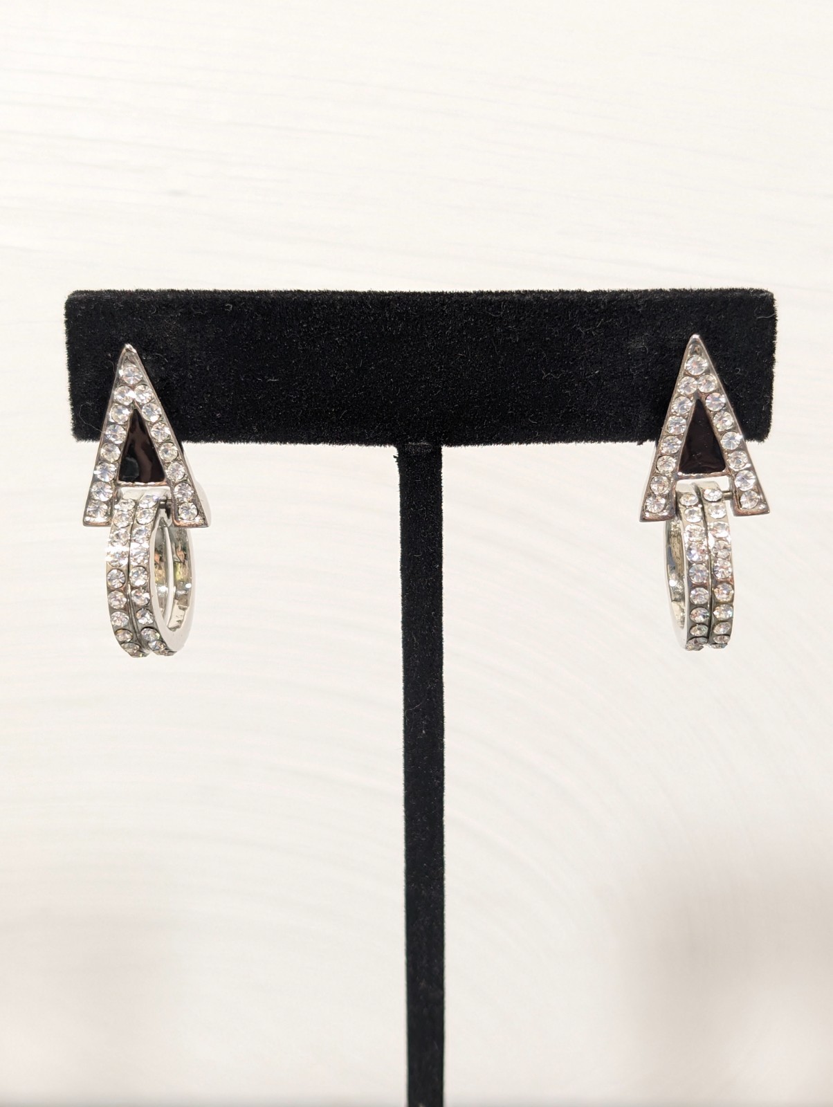 Retro Art Deco Black Triangle Rhinestone Pave Hoop Dangle Earrings