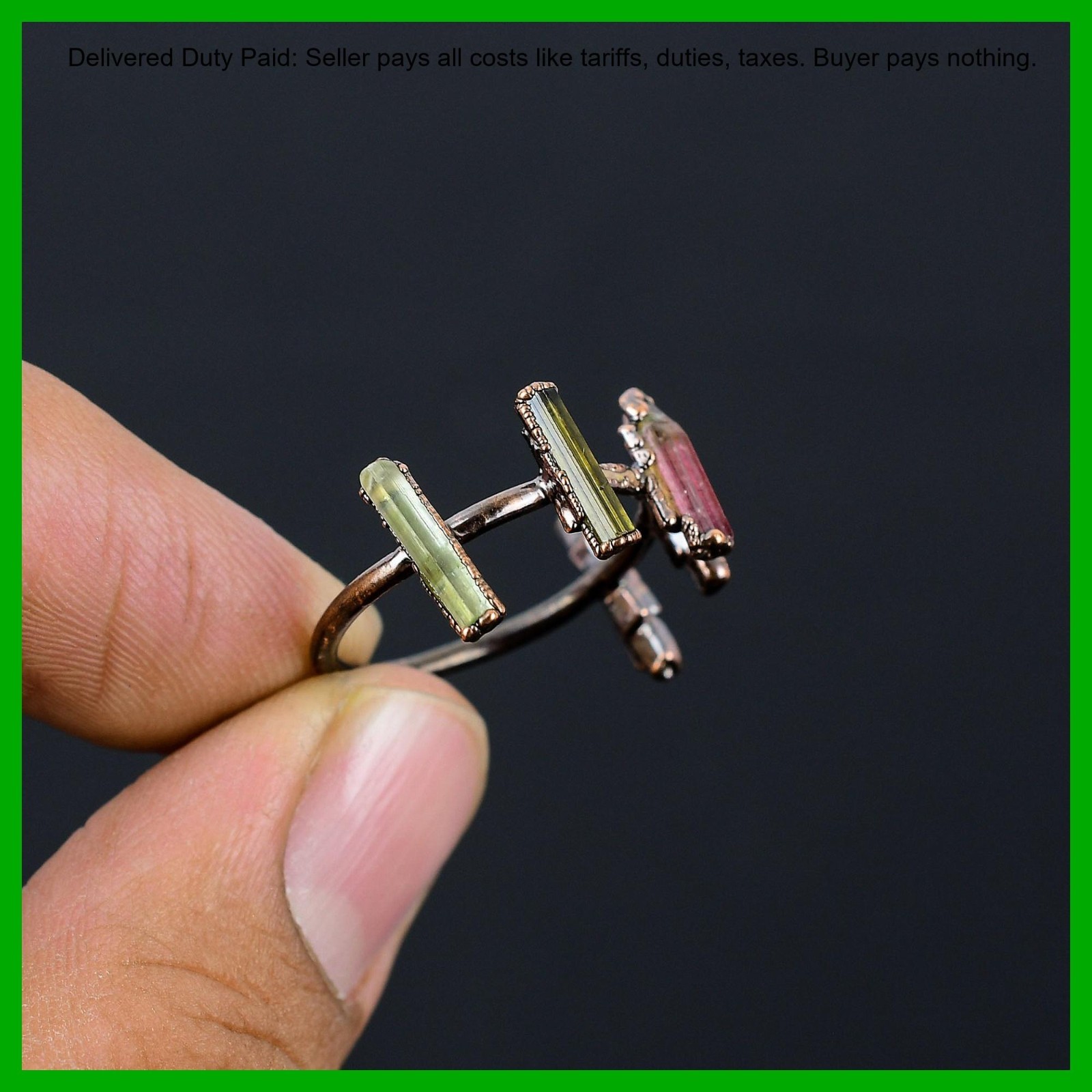 Multi Tourmaline Rough Stone Copper Sister Solitaire Electroformed Ethnic Ring