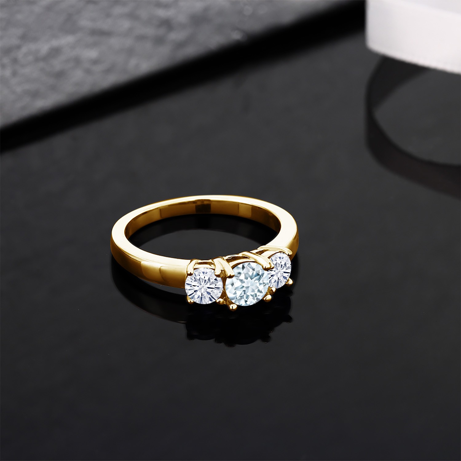 18K Yellow Gold Plated Silver Ring Round Aquamarine Moissanite (0.96 Cttw)
