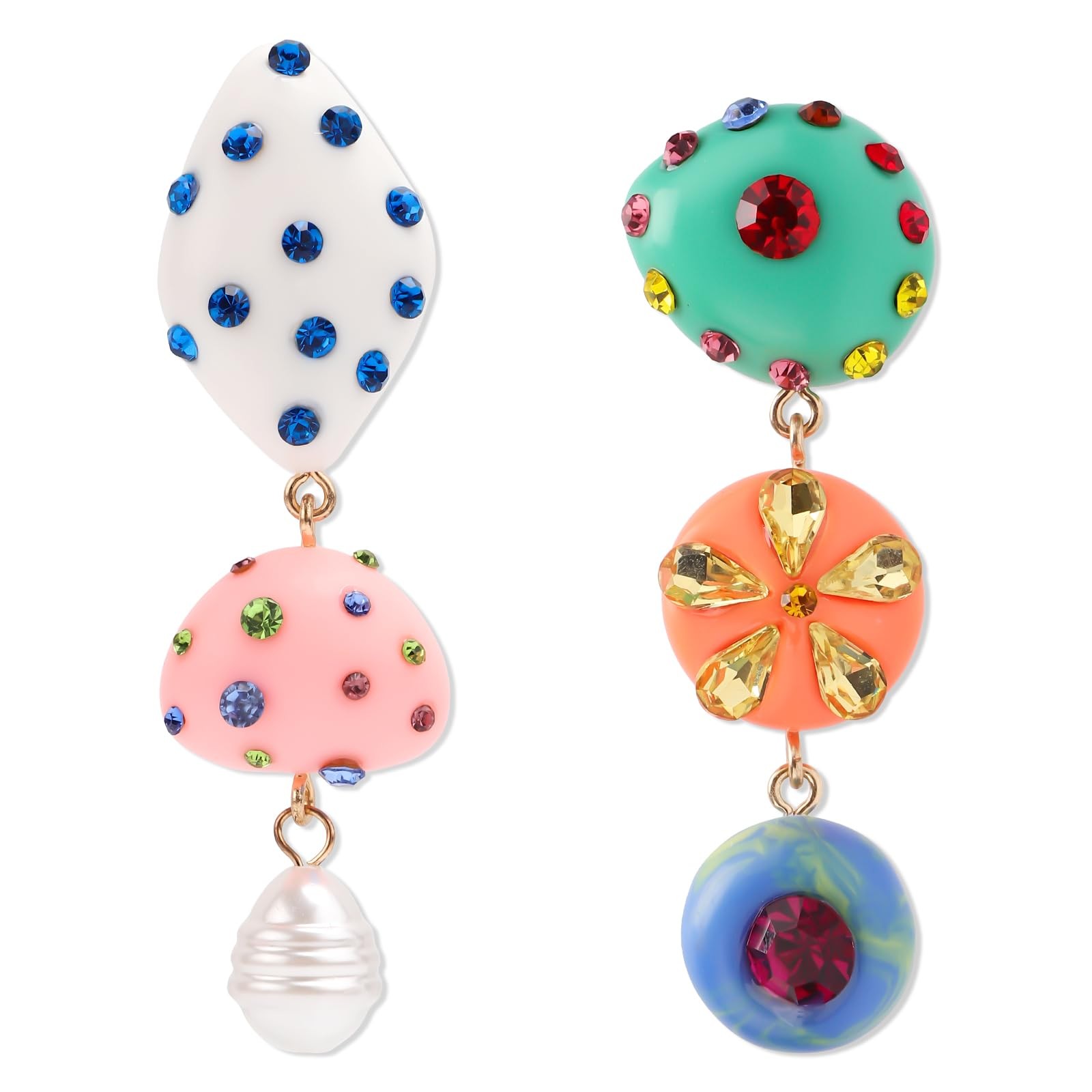 Mikovivi Asymmetrical Dangle Earrings, Multicolored, Rhinestones & Resin,