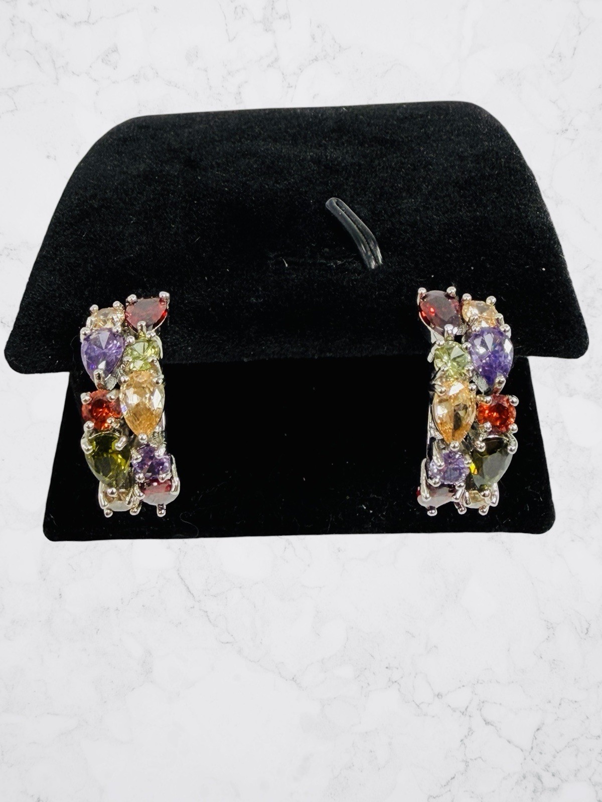 Sterling Silver 925 Multi Color Stone Stud Hinged Hoop Earrings Purple Red Green