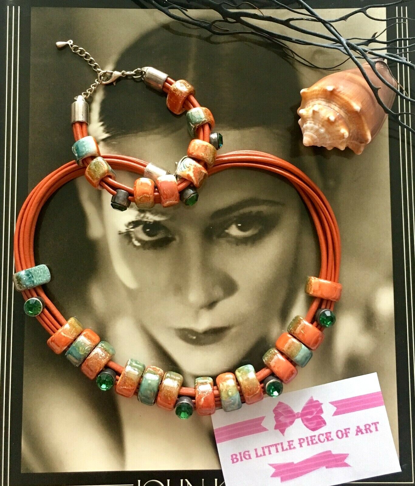 ✨SET Necklace + Bracelet LOT Silver Ceramic Beads Swarovski Element Leather $200