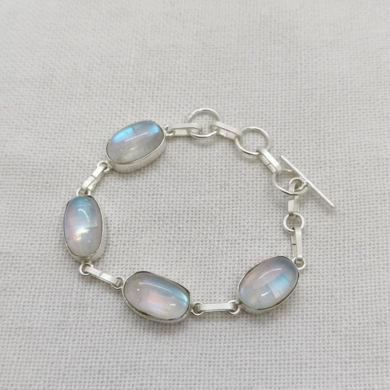 Rainbow Moonstone Link Bracelet for Women, Oval Cabochon Flashy Gemstones