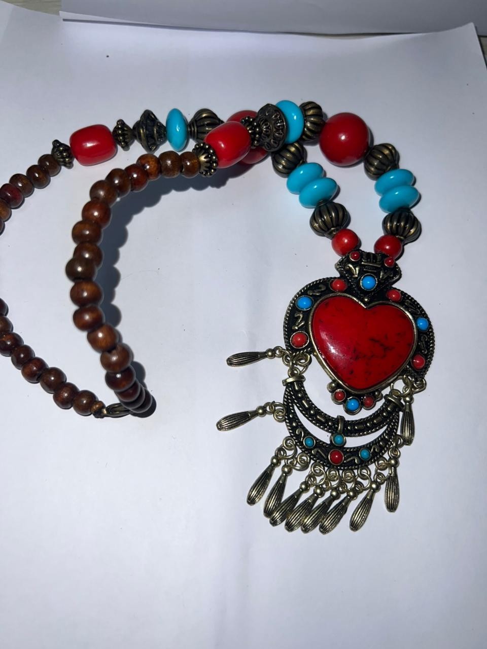 Vintage Tibetan Style Boho Statement Necklace Red Heart Pendant Ethnic Jewelry