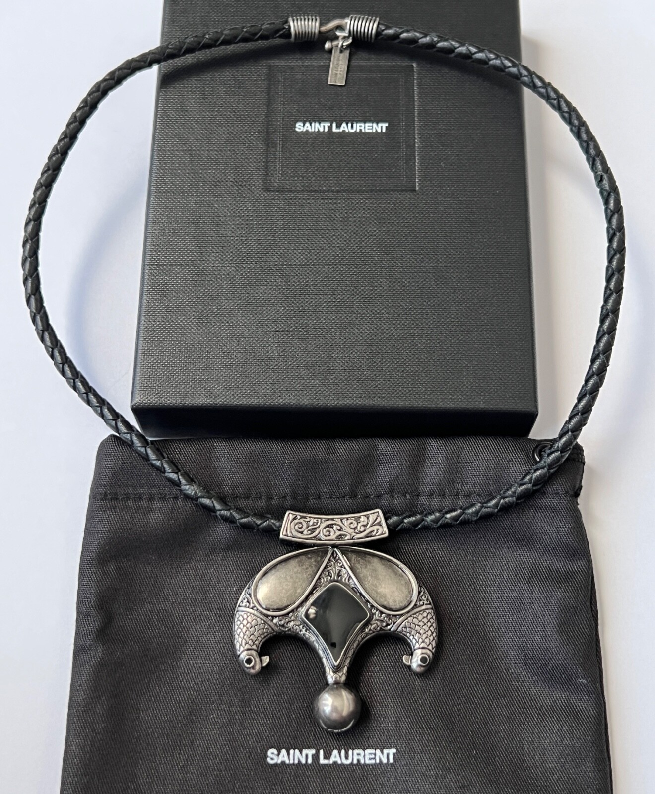 NIB Saint Laurent YSL Victorian Moon Black Braid Leather Pendant Necklace $1295