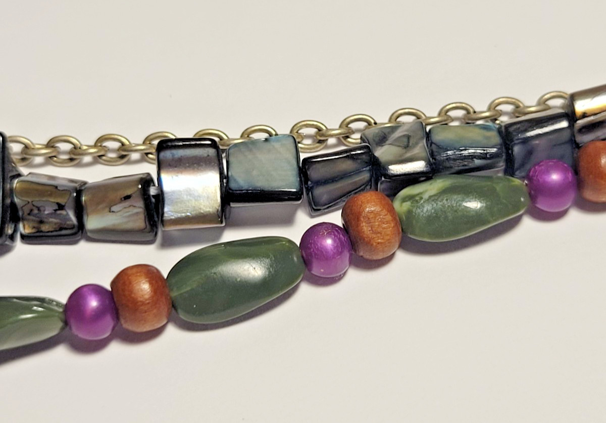 Multi Strand Beaded Boho Necklace Shell Wood Green Purple Iridescent Layered 21″
