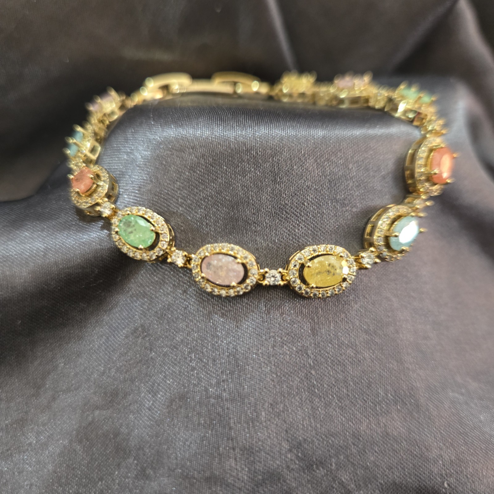 New 18k Plated Gold Pastel Multi-Gemstone Halo Link Bracelet w/box clasp