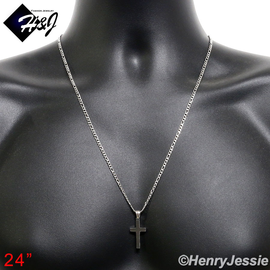 16-30″MEN Stainless Steel 2/3mm Silver Figaro Chain Necklace Cross Pendant*P67