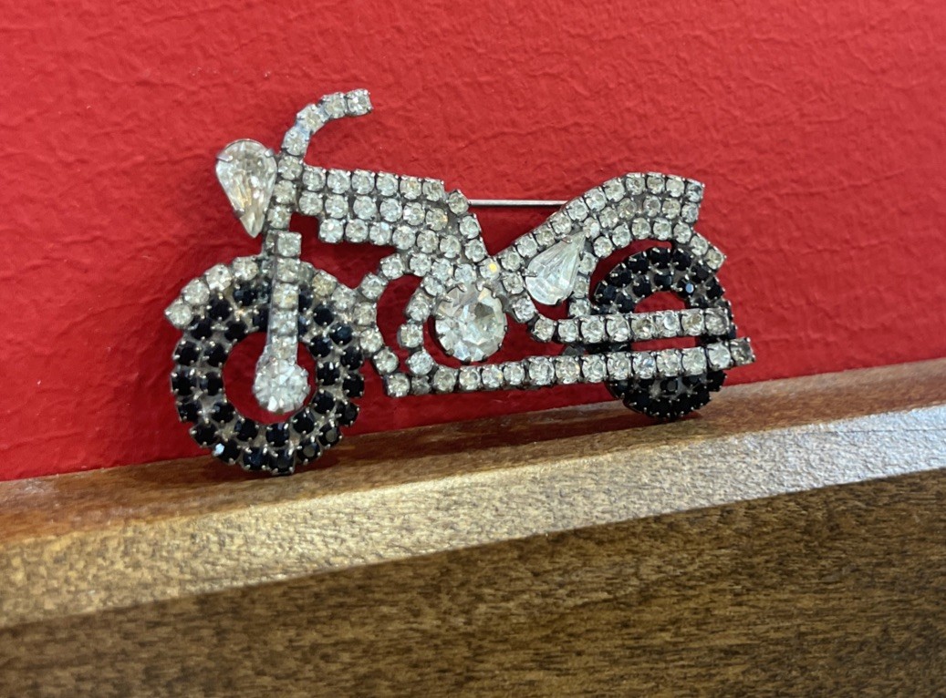 Vintage Rhinestone Motorcycle Brooch Unsigned Attributed To Dorothy Bauer