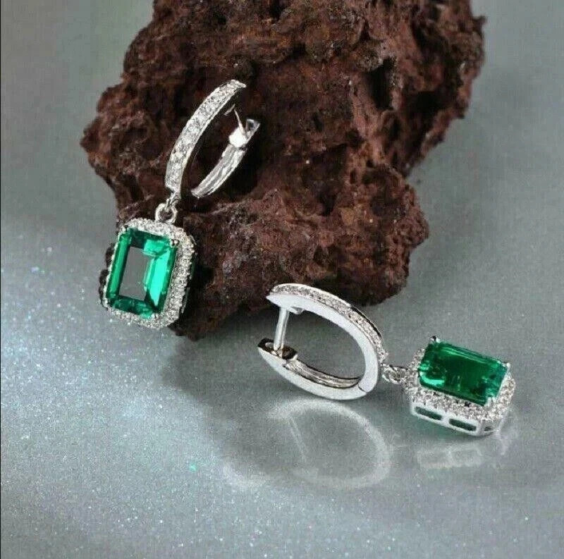 2.16 Ct Emerald Cut Emerald Earrings Wedding Earrings 14k Solid White Gold
