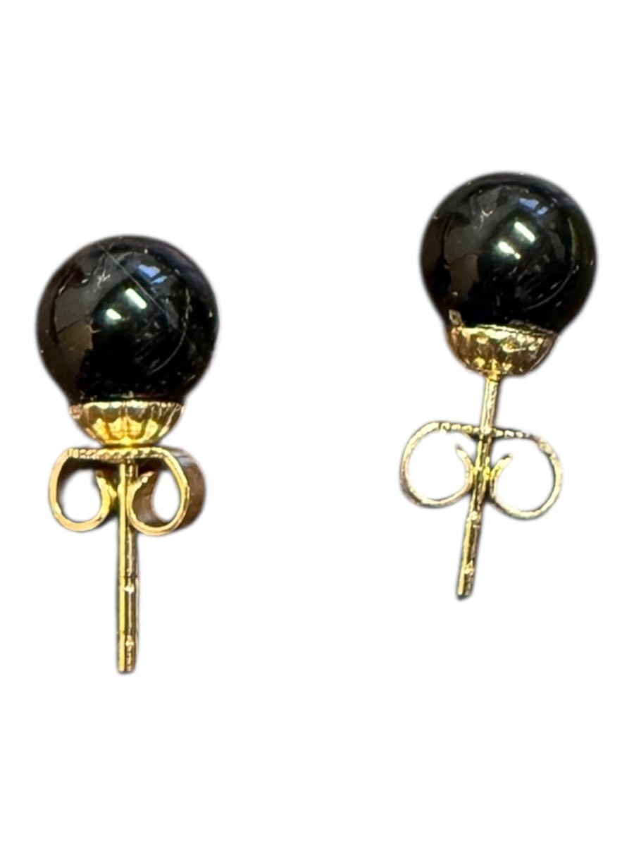 14K Yellow Gold Natural Onyx Bead Stud Earrings Round Black Onyx 0.9 (MP1047279)