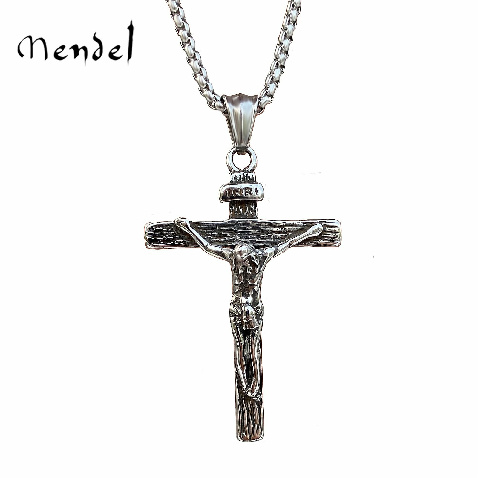 MENDEL Mens Stainless Steel Jesus Christ Crucifix Cross Pendant Necklace For Men