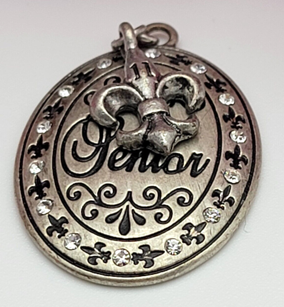 JOSTENS SENIOR Rhinestone Crystal Accents Antiqued Silver Tone Pendant 1.25 Inch