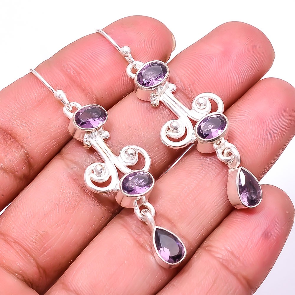 Purple Amethyst Multi Collet 925 Sterling Silver Earring 2.15″ E11, Christmas
