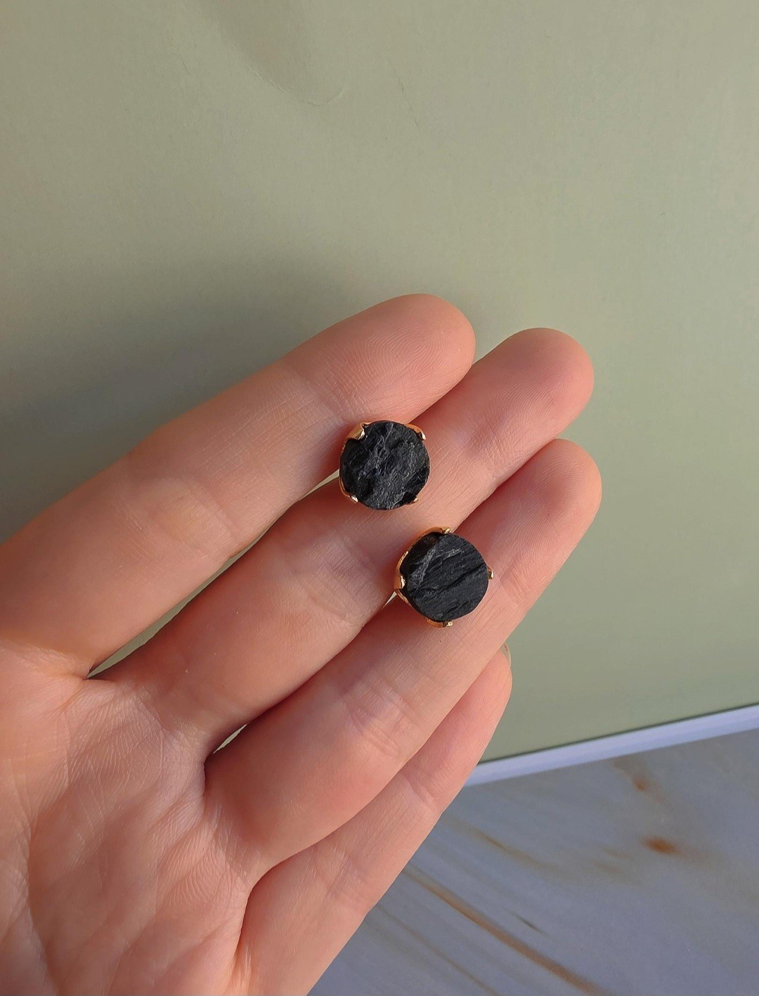 Black Tourmaline Gold Stud Earrings 18K Plated Healing Protection Gift