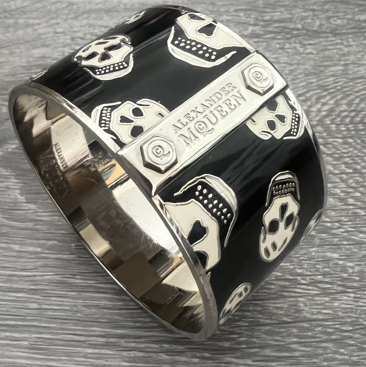 Alexander McQueen Skull Logo Icon Black White Enamel Silver Cuff Bracelet