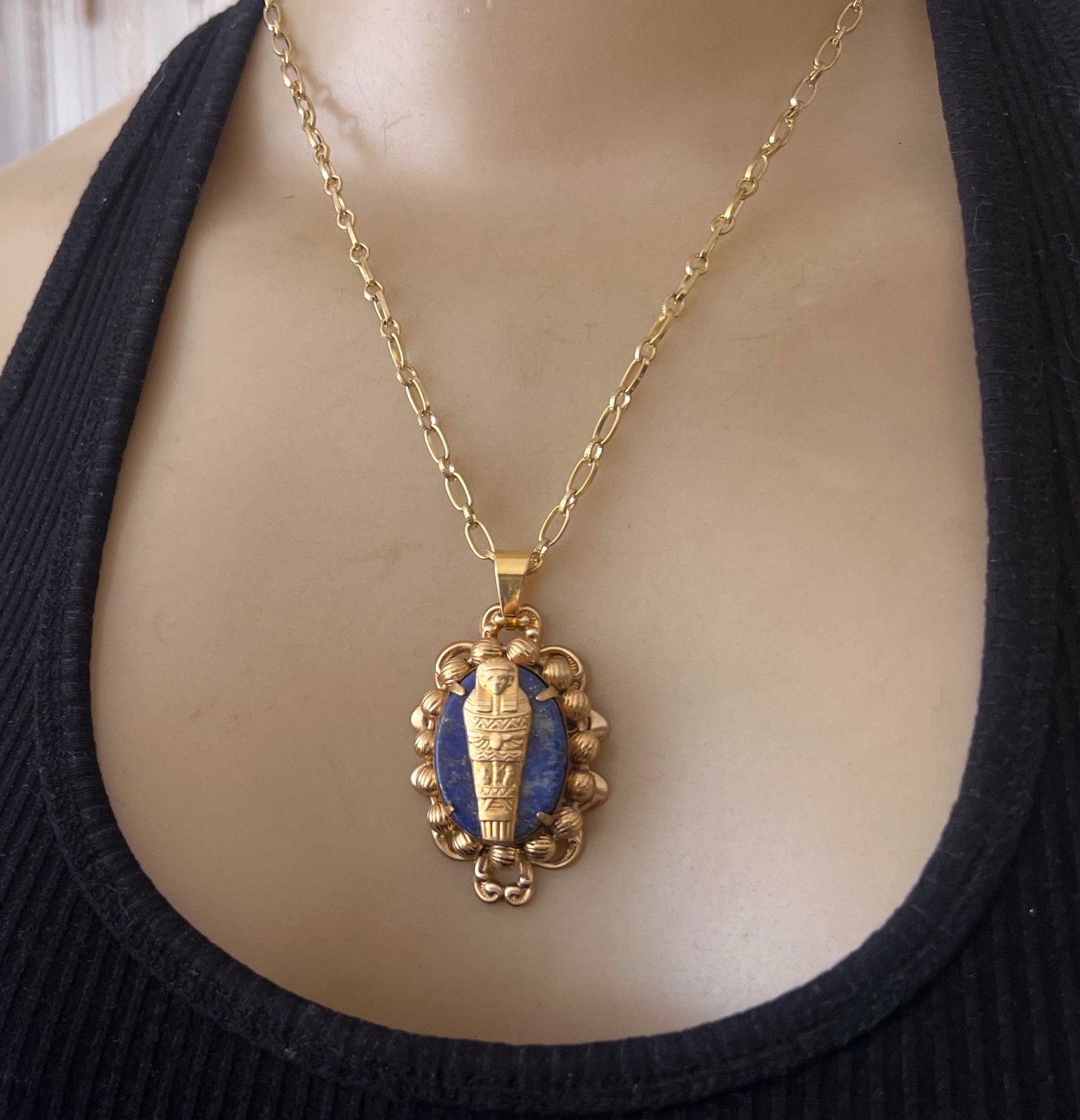 Egyptian Revival Necklace King Tut Sarcophagus Lapis Lazuli Gemstone Pendant