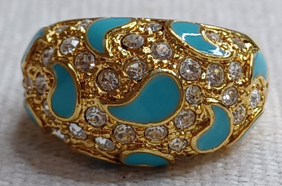 Gold Tone Turquoise Enamel Ring W/Crystals Size 5.5 10.1 Grams