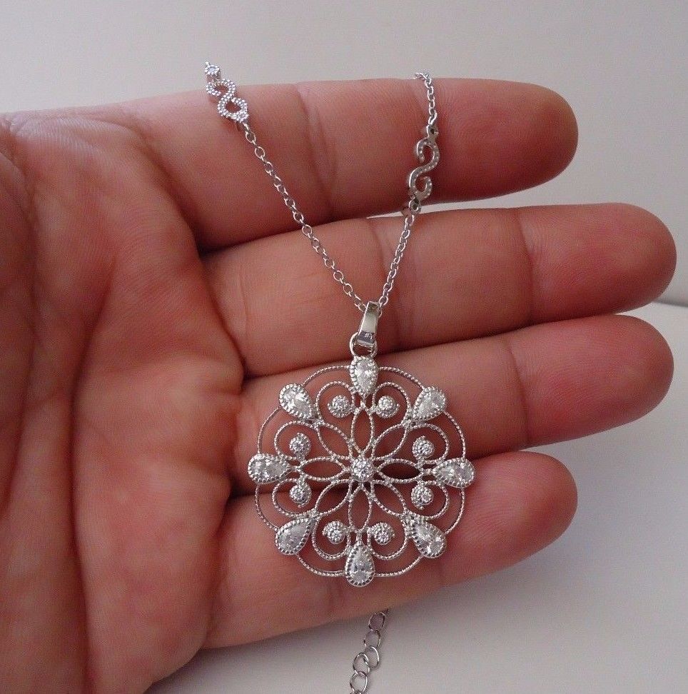 CIRCLE FLOWER DESIGN NECKLACE W/ LAB ACCENTS / WHT GOLD OVER 925 STERLING SILVER