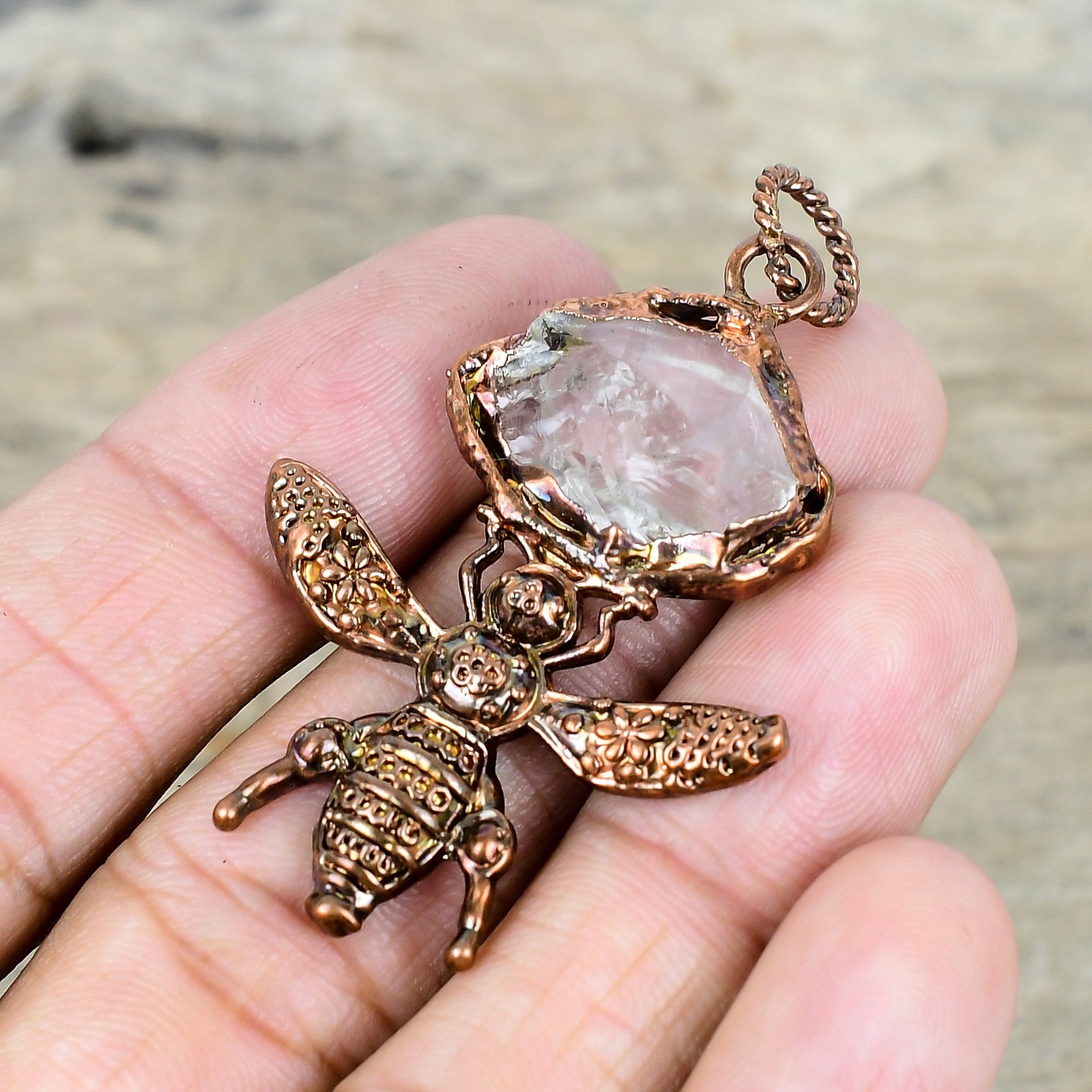 Natural White Topaz Rough New Electroformed And Honey Bee Pendant Jewelry Copper
