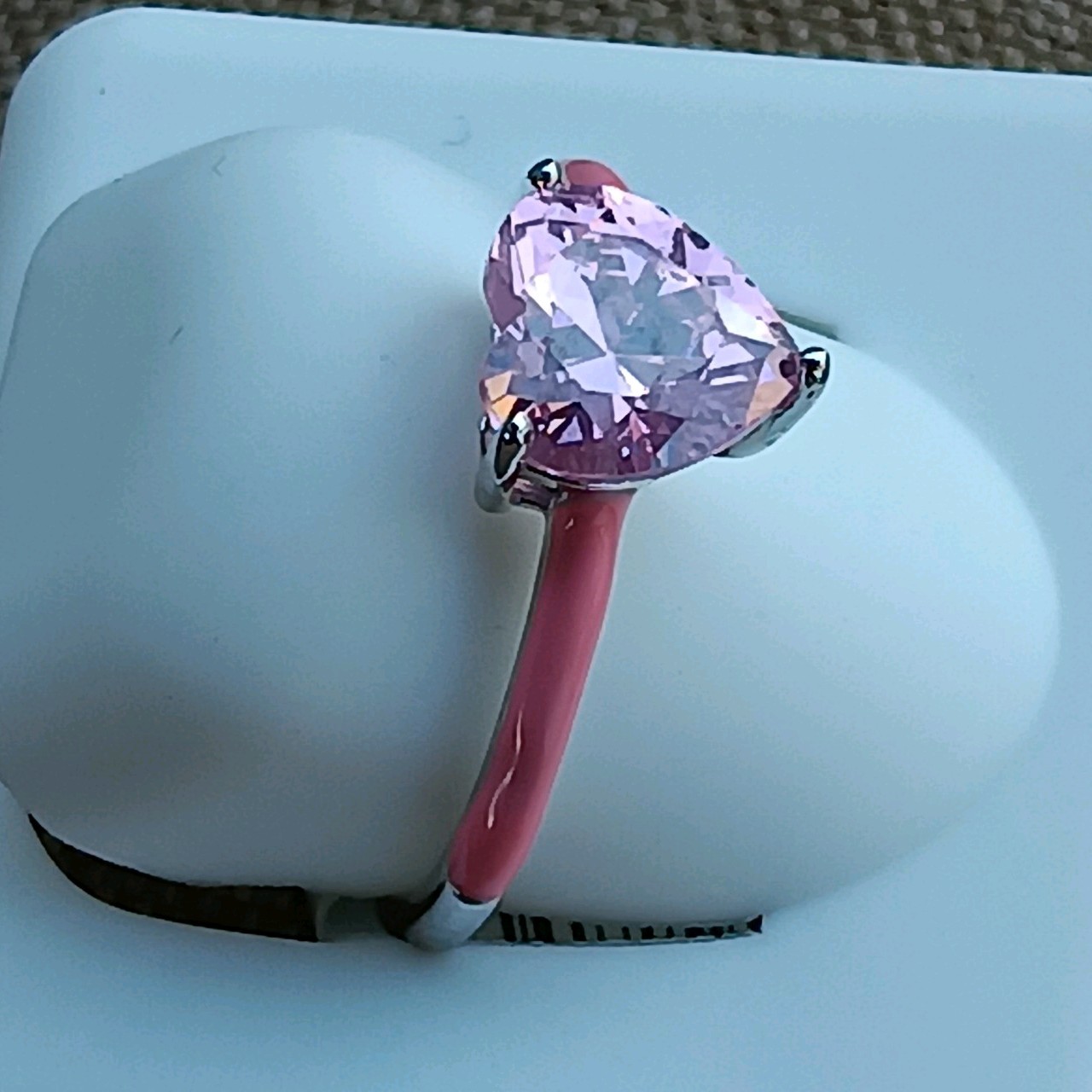 925 STERLING SILVER Pink CZ Heart Ring Enamel Detail Rhodium Finish Ring