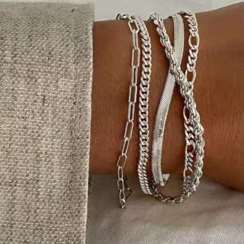 5PCS Silver Plated Bracelet Set Adjustable Stackable Chain Bracelets Women