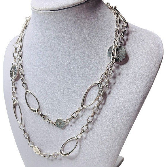 Brighton ORBIT Silver Etched Disc Eliptical Link Long Necklace
