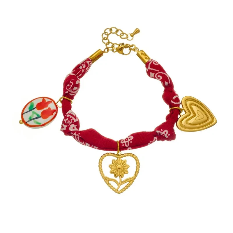 Charm Anklet Bracelet Twisted Braided Red Scarf Bandana Gold Plated Charms