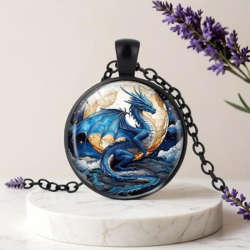 Dragon Blue Round Necklace Jewelry Magical Gothic Pendant