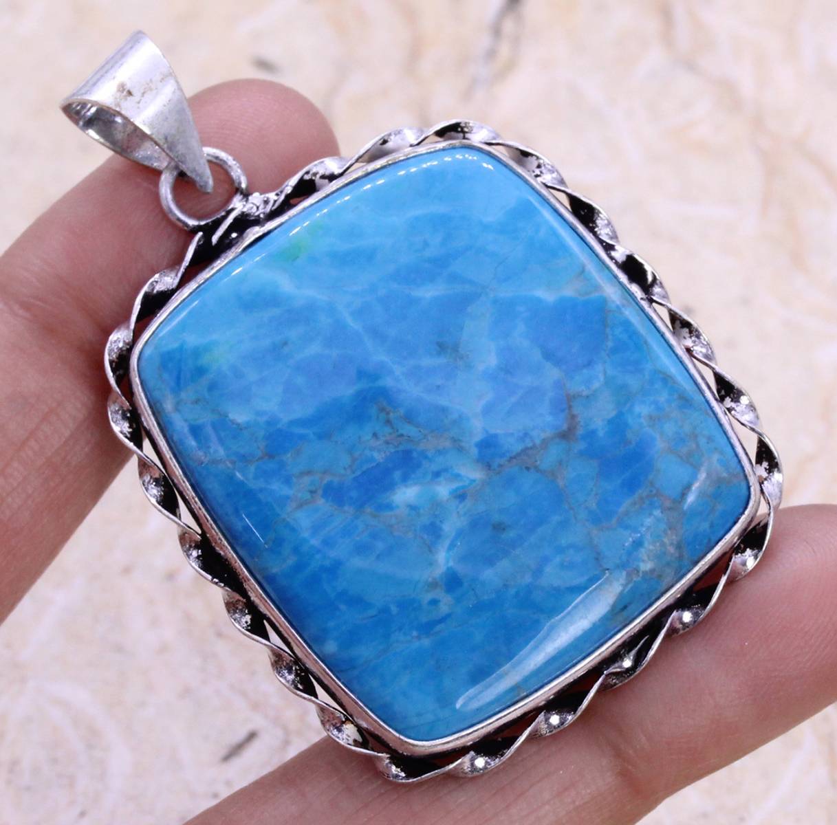 Color Enhanced Blue Howlite 925 Silver Plated Pendant of 1.7″ Ethnic