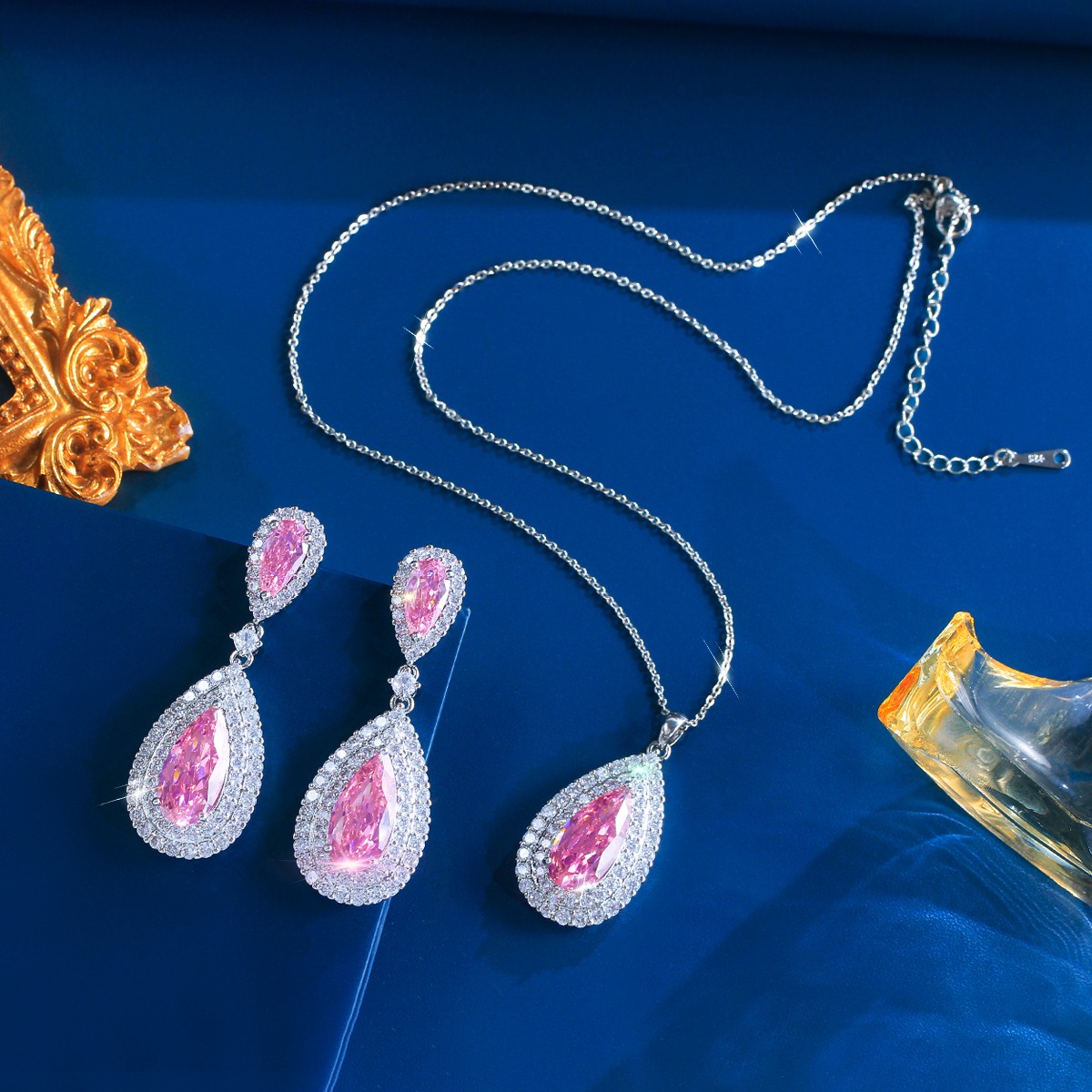 Silver Plated Long Teardrop Drop Earrings Necklace Women Zircon Jewelry Set Gift