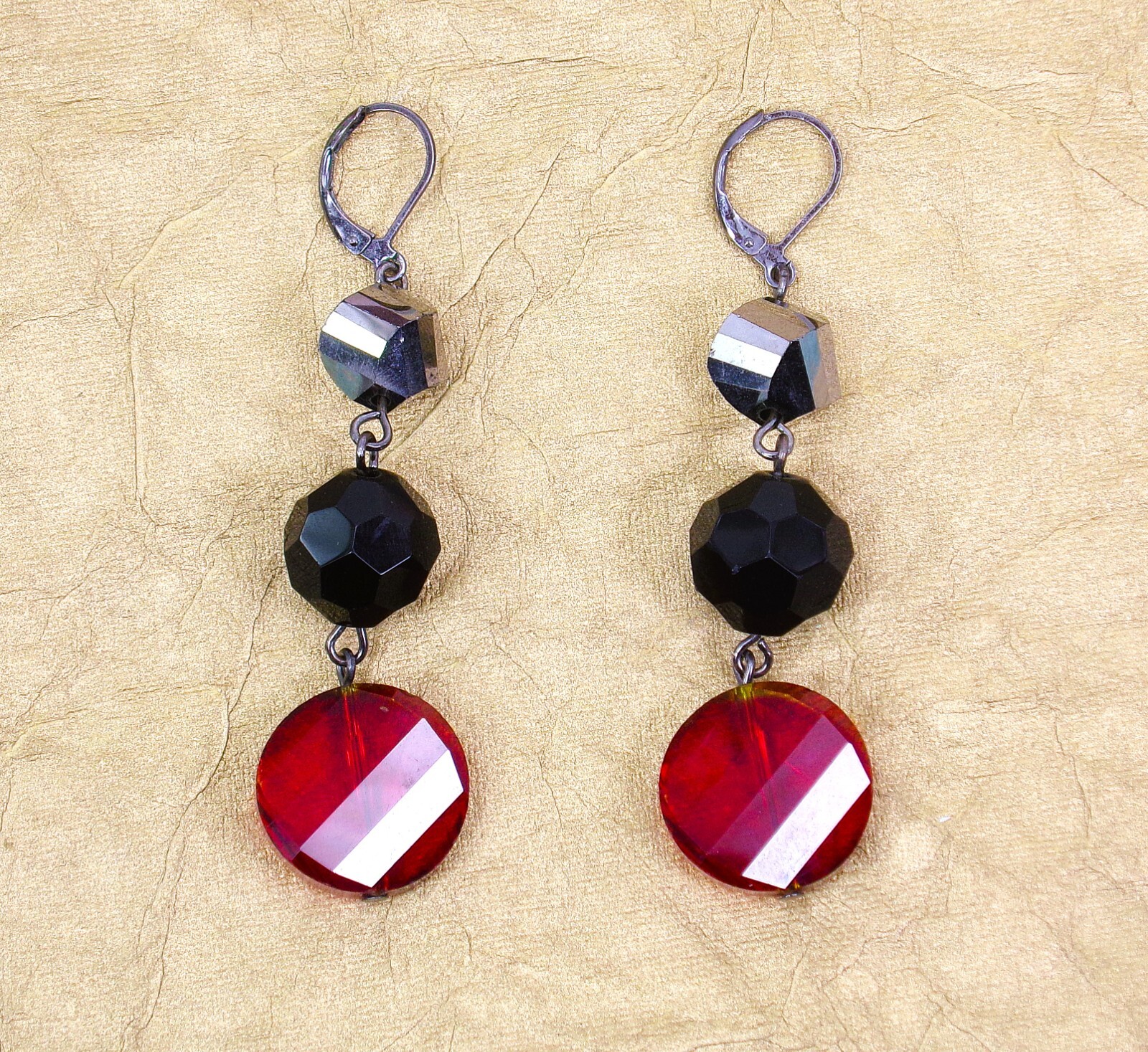 Red, black, and gray glass bead earrings 2.20″ long fashion elegant earrings New