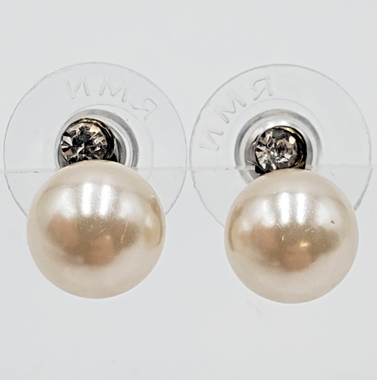 RMN Pierced Earrings 0.25in Gold Tone Faux Cream Pearl Clear Crystal Roman