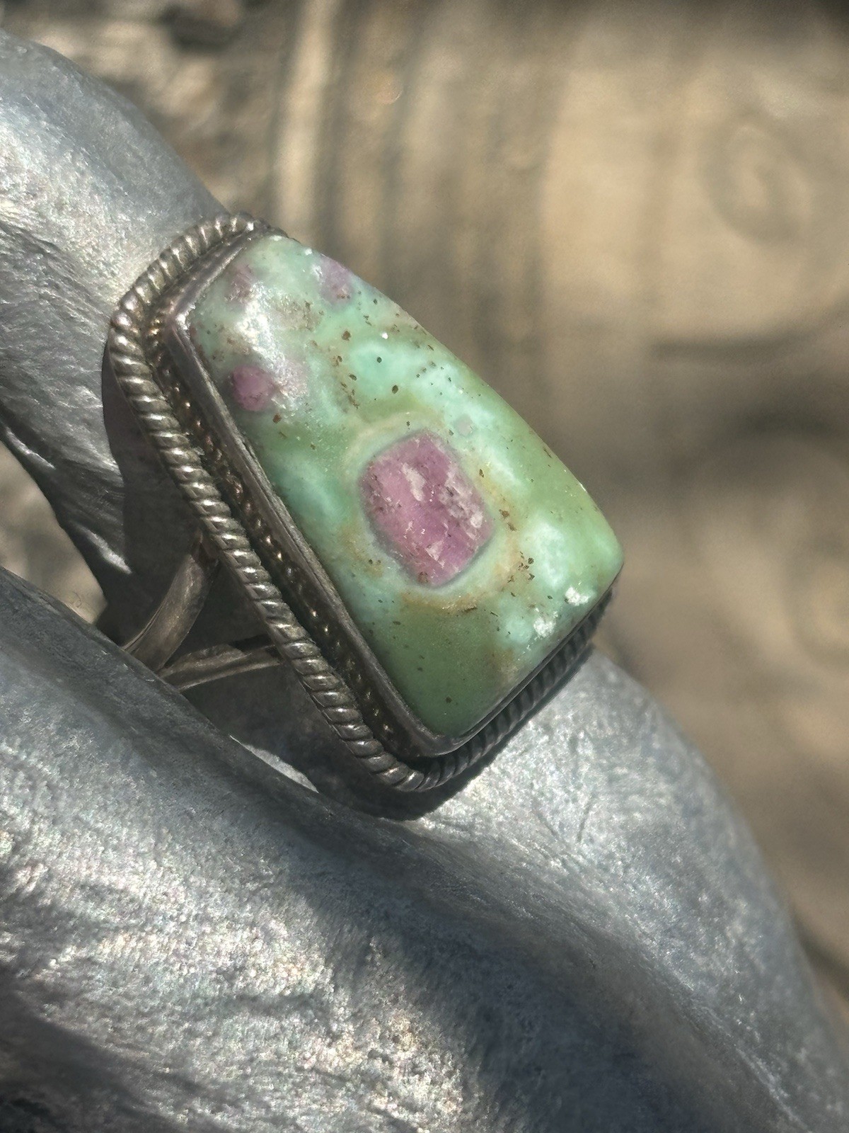 Handmade sterling silver Ruby in fuschite gemstone bezel set ring size 6.5