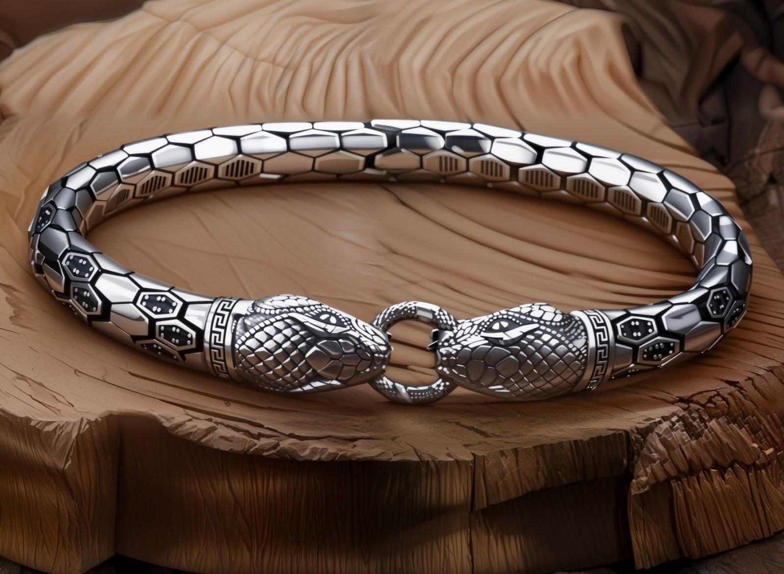 Snake Head Copper Bracelet for Men, Plated w Silver Inlaid with Black CZ Antique