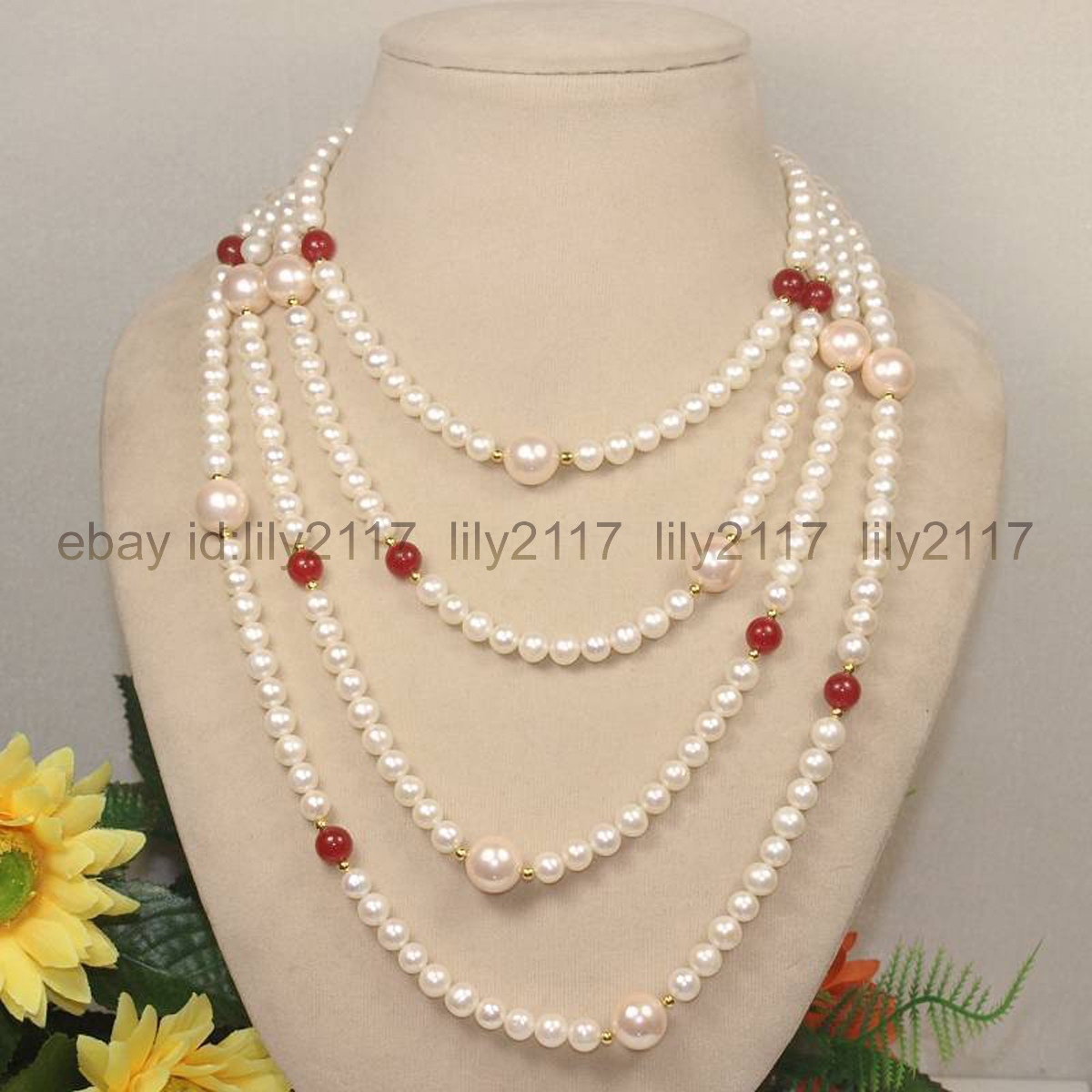100 Inch Fashion 7-8mm white pearl 8mm red jade 14mm pink shell pearl necklace