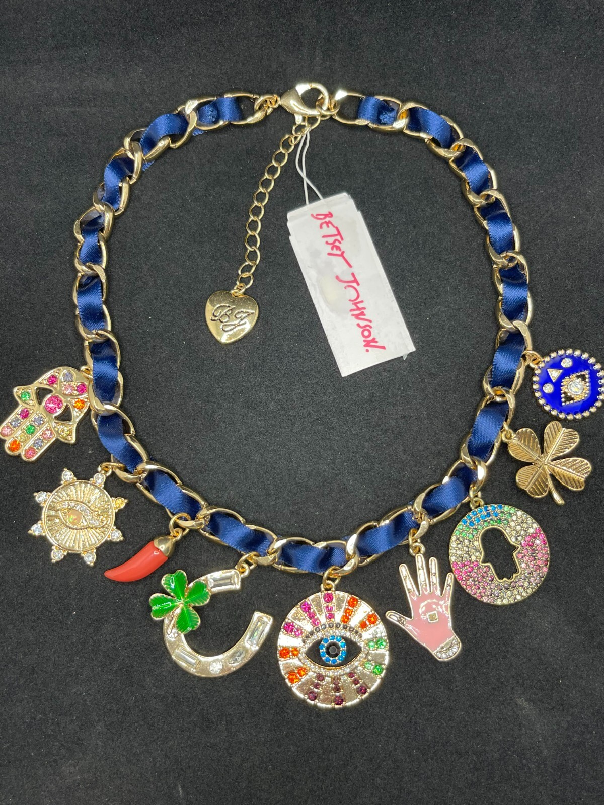 BETSEY JOHNSON Pave’ Good Luck Multi-Charm Blue Ribbon Chain Necklace NWT $125