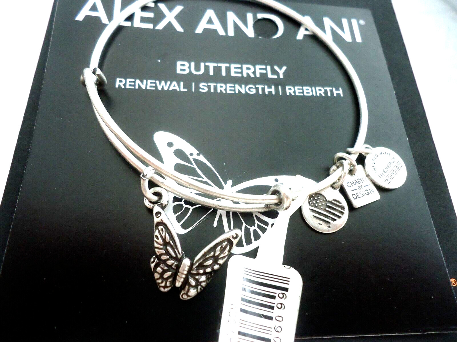Alex and Ani BUTTERFLY Russian Silver Bangle Charity By Design New Tag Card Box